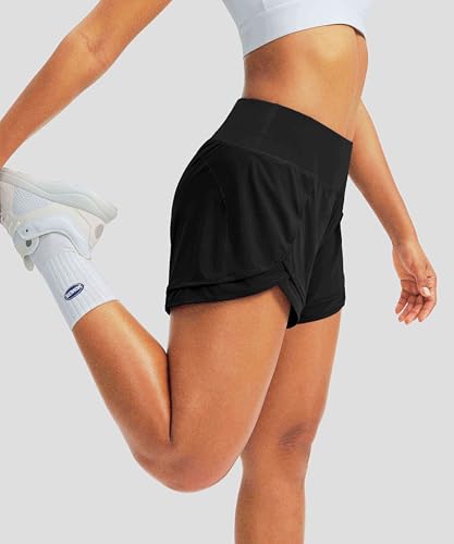 Women's Running Shorts High Waisted Quick-Dry 3 Inch Gym Workout Athletic Shorts for Women with Zipper Pocket(Black, XS)