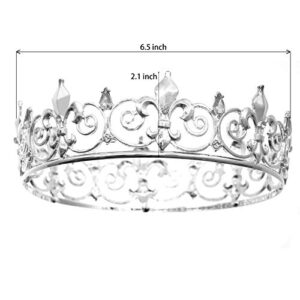 FORSEVEN Full Round King Crown- Metal Rhinestone Crowns and Tiaras for Women and Men Party Prom (HG340 Silver)