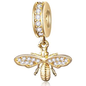 sparkling queen bee charms gold plated 925 sterling silver dangle charm insects nature garden beads with clear cz compatible with pandora charms bracelet necklace gifts for women/wife/mother/sister