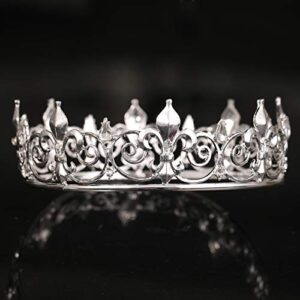 FORSEVEN Full Round King Crown- Metal Rhinestone Crowns and Tiaras for Women and Men Party Prom (HG340 Silver)