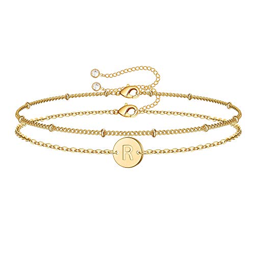 MONOZO Initial Charm Bracelets for Women, Dainty 14K Gold Filled R Letter Initial Bracelet Women Disc Monogram Bracelet Jewelry Gifts for Birthday Valentines Thanksgiving Christmas Anniversary