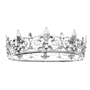 FORSEVEN Full Round King Crown- Metal Rhinestone Crowns and Tiaras for Women and Men Party Prom (HG340 Silver)