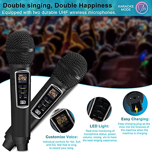 ALPOWL Karaoke Machine for Kids Adults with 2 UHF Wireless Microphone, Portable Bluetooth Speaker PA System with LED Lights for Home Party, Wedding, Church, Picnic, Outdoor/Indoor (Black I)