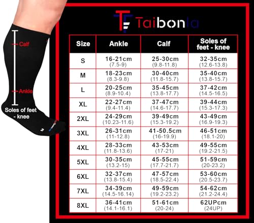 Taibonla 4XL Wide Calf & Big and Tall 20-30 mmHg Compression socks Men and Women-Black