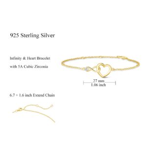 FANCIME Infinity Love Heart Bracelet 925 Sterling Silver Gold Plated Cubic Zirconia CZ Diamond Dainty Fine Jewelry Anniversary Birthday Christmas Gifts for Women Mom, Chain 6.7"+1.2"