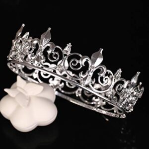 FORSEVEN Full Round King Crown- Metal Rhinestone Crowns and Tiaras for Women and Men Party Prom (HG340 Silver)