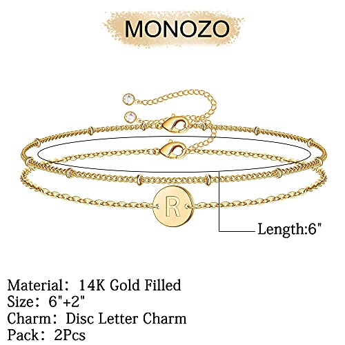 MONOZO Initial Charm Bracelets for Women, Dainty 14K Gold Filled R Letter Initial Bracelet Women Disc Monogram Bracelet Jewelry Gifts for Birthday Valentines Thanksgiving Christmas Anniversary