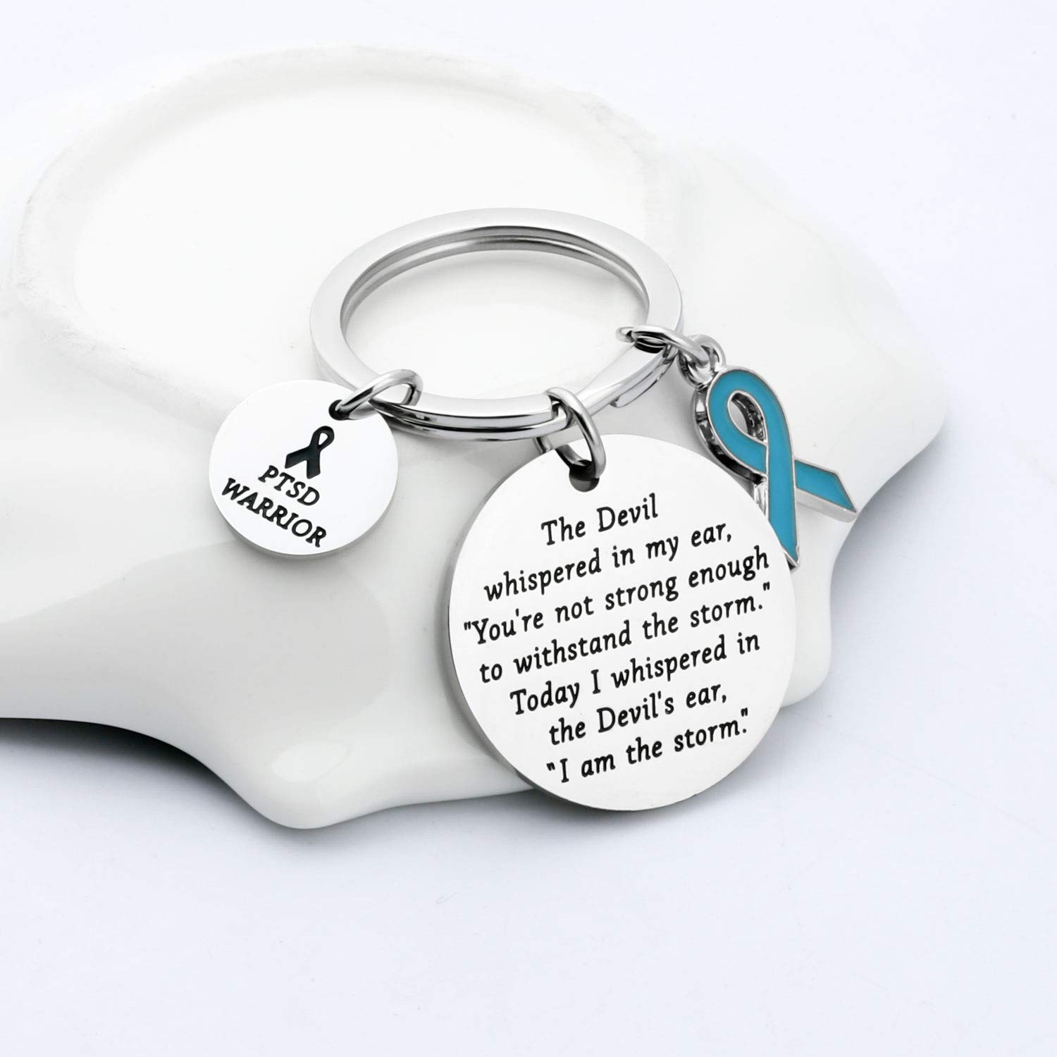 FUSTMW PTSD Keychain Gifts PTSD Awareness Teal Ribbon Gifts PTSD WARRIOR I Am The Storm PTSD Awareness Jewelry Survivor Gifts (silver)