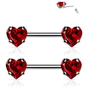 Pierced Owl 14G Stainless Steel Threadless Push-in Prong Set Crystal Heart Nipple Rings, Sold as a Pair (Silver Tone/Red)