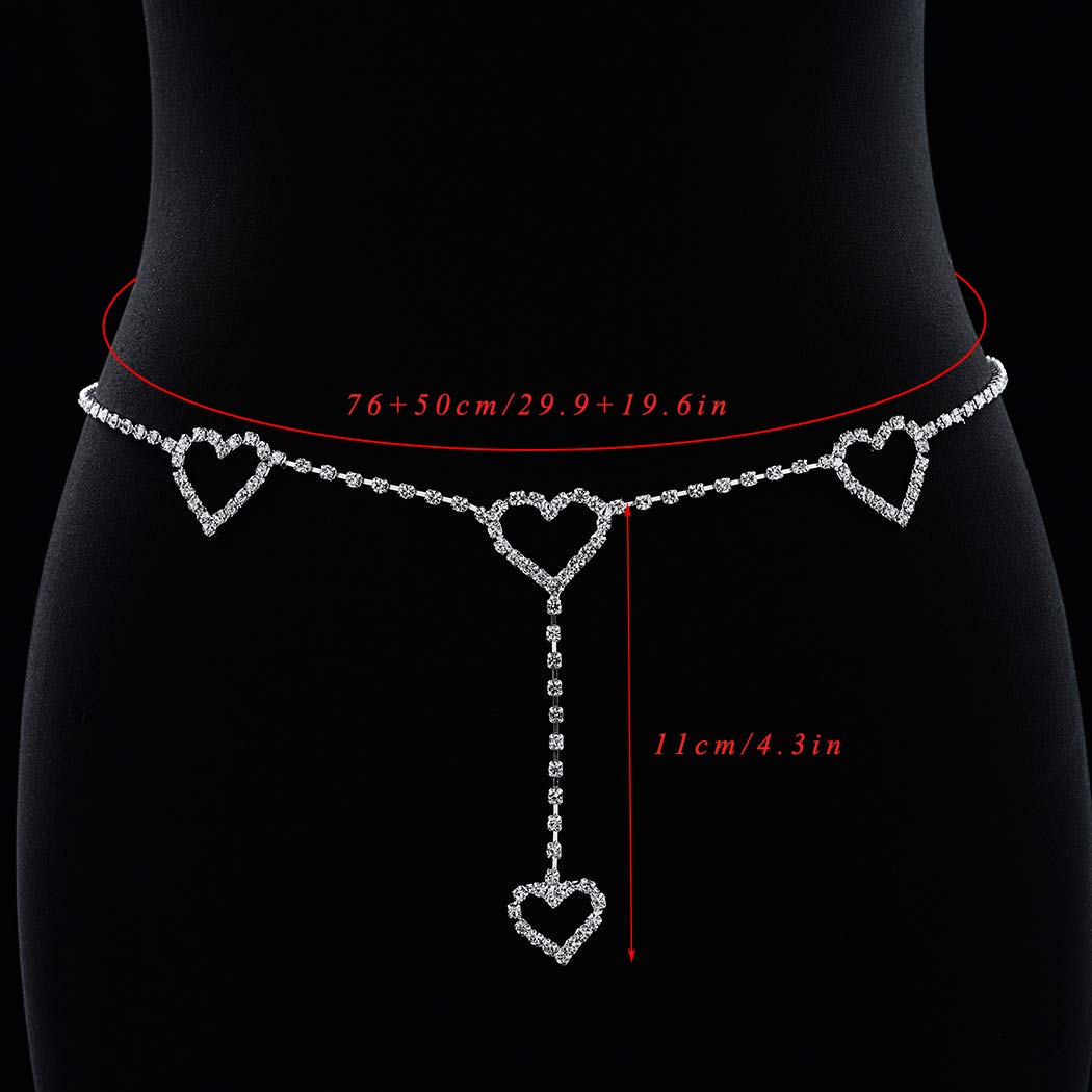 Dresbe Rhinestone Belly Waist Chain Silver Heart Body Chains Party Body Jewelry Accessories for Women