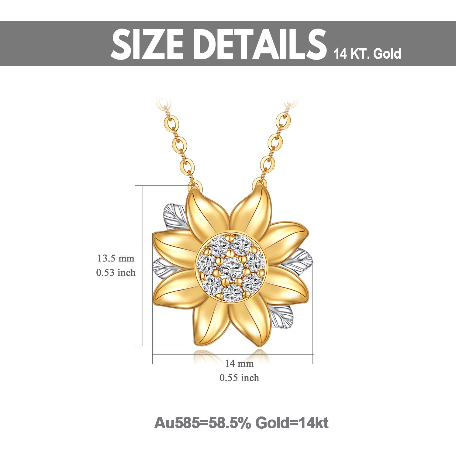 SISGEM 14K Real Gold Sunflower Necklace for Women, You Are My Sunshine Gold Moissanite Sunflower Pendant Anniversary Mother's Day Gift Jewelry for Her, Mom, Wife 16-18 inch