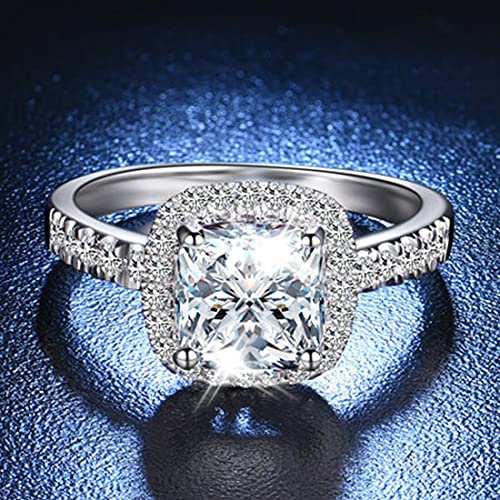 18K White Gold Plated 2CT Zircon Diamond Ring for Women Sterling Silver Jewelry Halo Cushion Ring