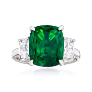 Ross-Simons 6.25 Carat Simulated Emerald and 1.10 ct. t.w. CZ 3-Stone Ring in Sterling Silver. Size 8