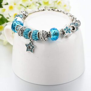 Capital Charms Sky Blue Star Silver Plated Charm Bracelet Set, Jewelry Gifts with Beads, Charms, and Adjustable Snake Chain, Fits 7.5"+1.5" (SkyBlue Star)