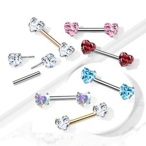 Pierced Owl 14G Stainless Steel Threadless Push-in Prong Set Crystal Heart Nipple Rings, Sold as a Pair (Silver Tone/Red)