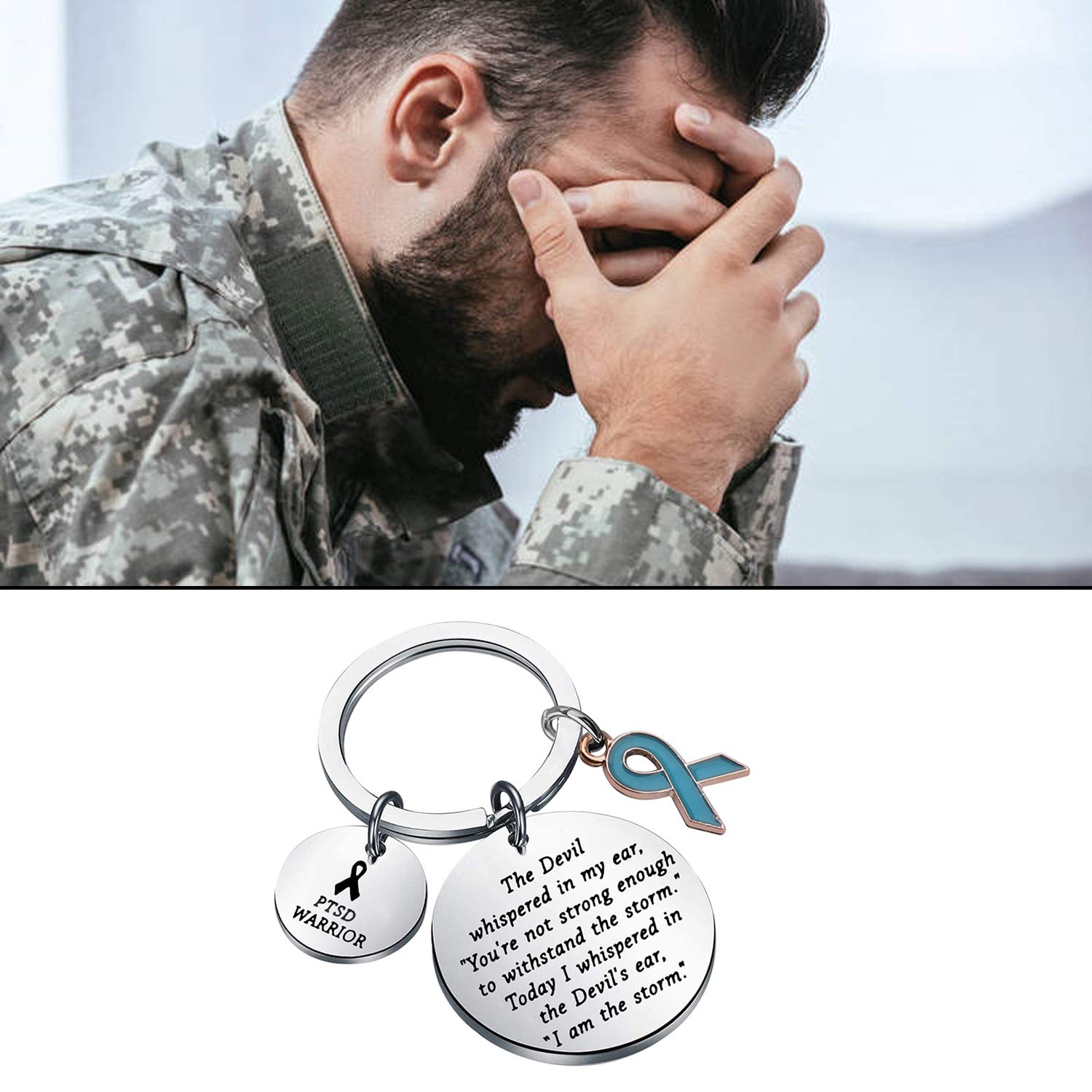 FUSTMW PTSD Keychain Gifts PTSD Awareness Teal Ribbon Gifts PTSD WARRIOR I Am The Storm PTSD Awareness Jewelry Survivor Gifts (silver)