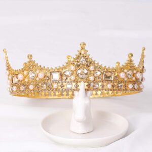 FORSEVEN King Crown for Men Crown Royal Costume Accessory Prom Tiara Baroque Vintage Crystal Pearl Bridal Wedding Tiaras Birthday Party Round Crowns (Gold)