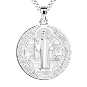 FJ Saint Benedict Necklace 925 Sterling Silver, NR Cross Protection Pendant,Round Coin Antiqued Religious Protector Talisman Pendant