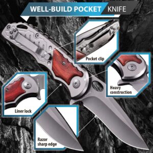 Grand Way Bundle of 2 Items - Pocket Knife - Best EDC Camping Hiking Hunting Knofe Gear Accessories for Men Wood Handle Sharp Blade Knifes - Gift for Men