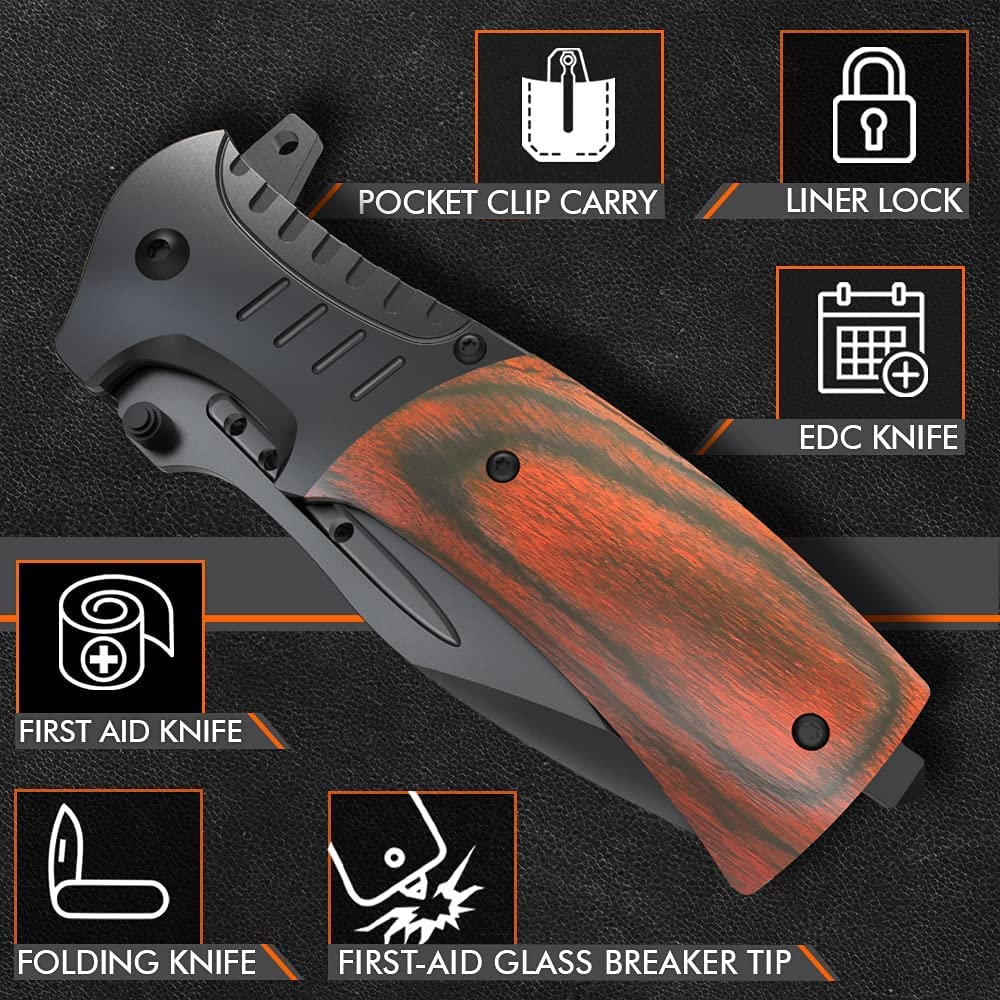 Grand Way Bundle of 2 Items - Pocket Knife - Best EDC Camping Hiking Hunting Knofe Gear Accessories for Men Wood Handle Sharp Blade Knifes - Gift for Men