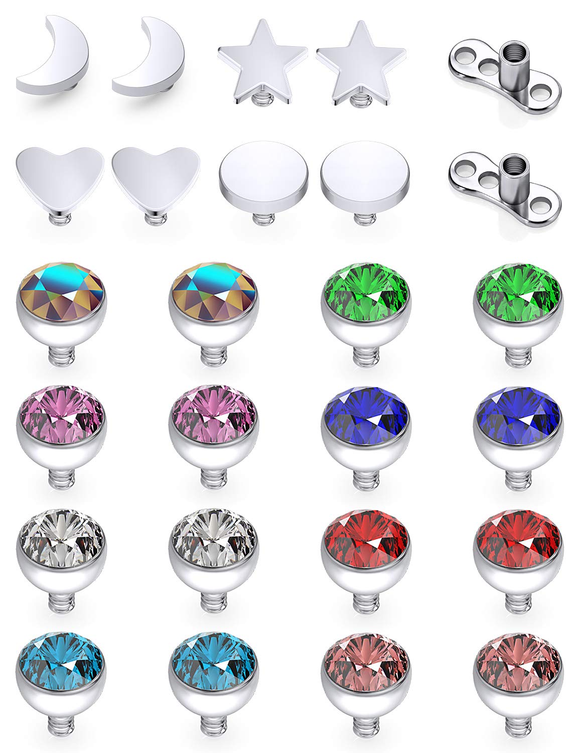 Dyknasz 26PCS 14G Grade 23 Titanium Dermal Anchor Tops Internally Threaded Mixcolor Gem for Women Men 3mm