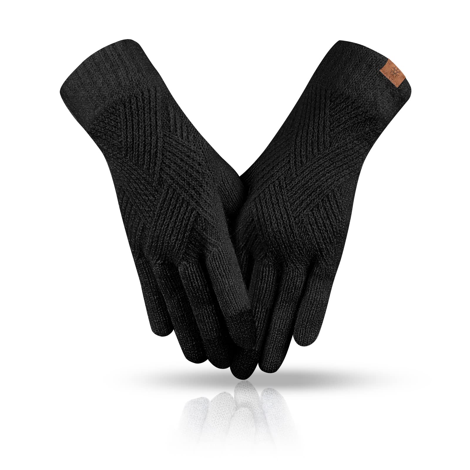 REACH STAR Winter gloves for women, 3-Finger Touch screen Dual-Layer Cashmere Elastic Thermal knit Lining, Warm Gloves for Cold weather,Running,Driving(Black)