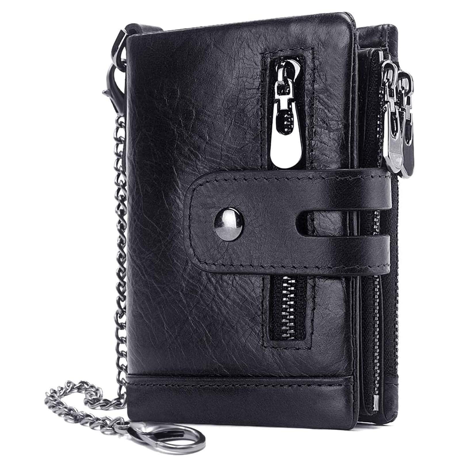 gzcz Mens Wallet with Chain RFID Blocking Genuine Leather Bifold Purse for Men with ID Window and Zip Coin Pocket, Black