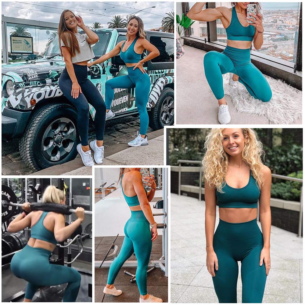 SUPJADE Buscando Workout Sets for Women 2 Piece High Waisted Leggings and Racerback Bras for Women,Seamless Yoga Outfits for Women 2 Piece Set Dark Green