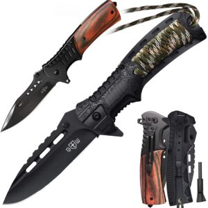 bundle of 2 items - pocket knife - tactical folding knife - edc usmc knife with fire starter paracord handle - best camping hunting fishing hiking survival knofe - travel accessories gear - gifts