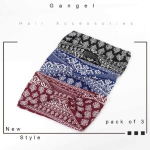 Gangel Boho Wide Headbands Floral Printed Hairbands Elastic Stretch Twisted Head Wrap Knotted Hair Scarfs Vintage Hair Accessories for Women and Girls(Pack of 3) (B)