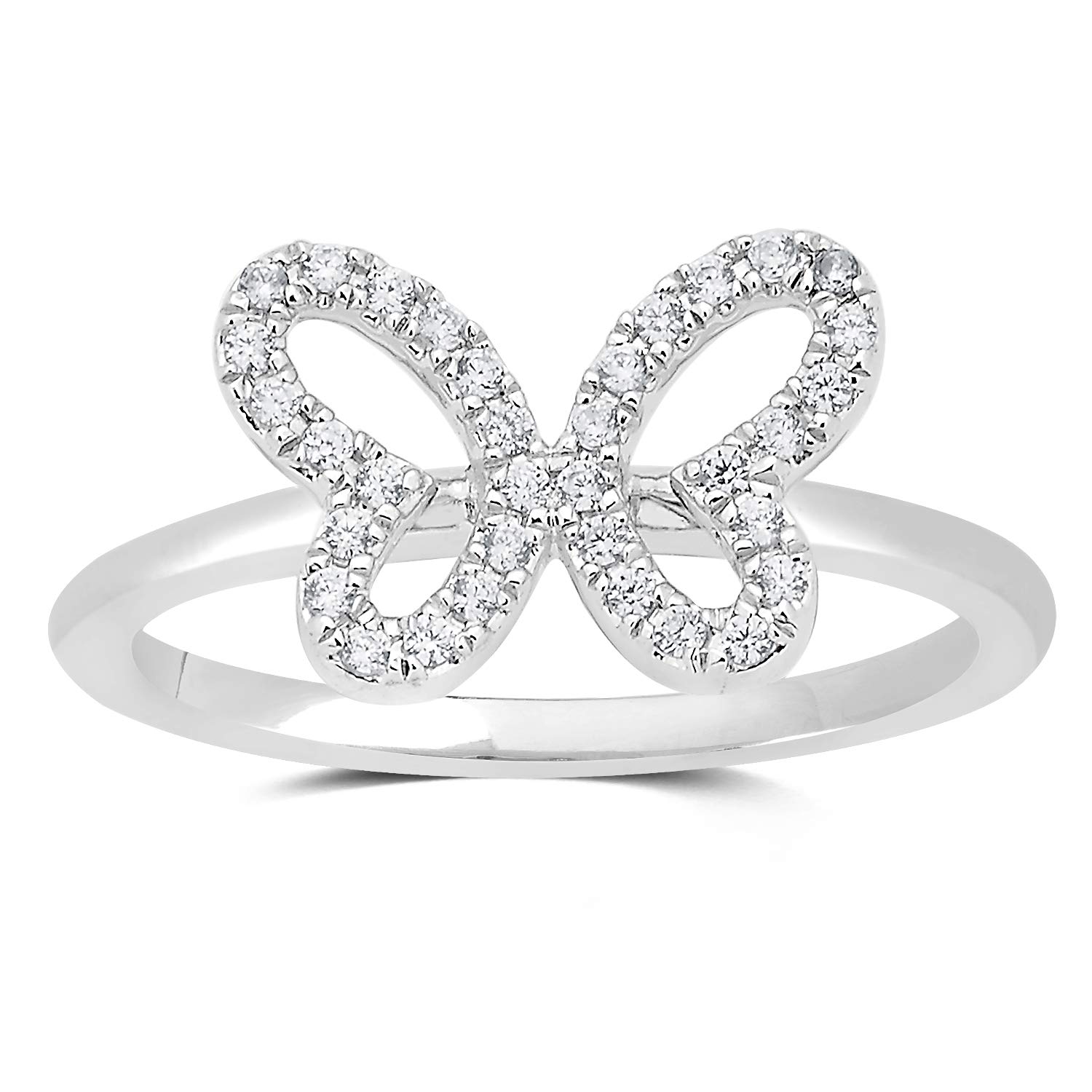 Jewelili Sterling Silver 1/6 Cttw White Diamond Butterfly Ring, Size 7