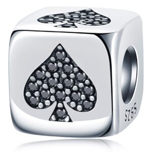 dice spades symbol with cz of poker charms, fit pandora mothers day bracelet, 925 sterling silver four suits in cards black heart beads, gifts for spring/christmas/valentines