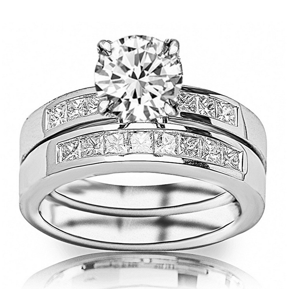 Houston Diamond District 3 Carat Lab 14K White Gold Synthetic Lab Grown Round Channel Princess Wedding Bridal Set IGI Certified Diamond Engagement Ring (2 Ct, I-J Color, SI1-SI2 Clarity Center)