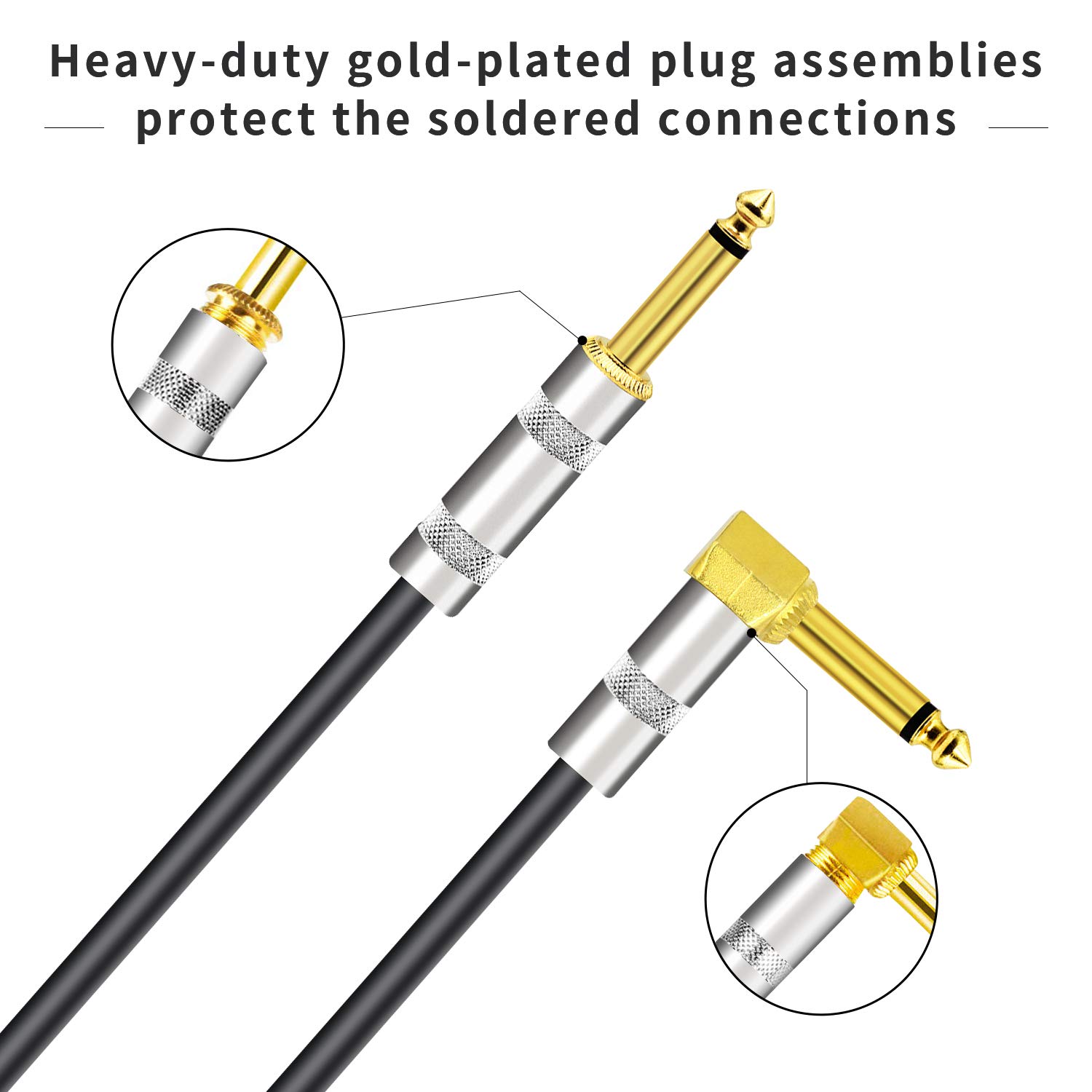 YESPURE 10 ft Guitar Cable, Black PU Spring Electric Instrument Cable,Gold Plated Straight 1/4" TS to Right Angle 1/4" TS Electric Guitar Bass Pro Audio Cable - 10 Ft