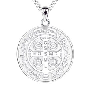 FJ Saint Benedict Necklace 925 Sterling Silver, NR Cross Protection Pendant,Round Coin Antiqued Religious Protector Talisman Pendant