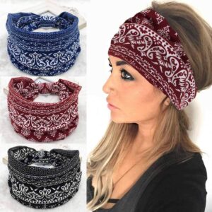 gangel boho wide headbands floral printed hairbands elastic stretch twisted head wrap knotted hair scarfs vintage hair accessories for women and girls(pack of 3) (b)