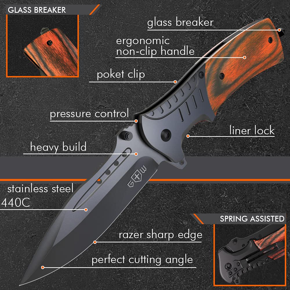 Grand Way Bundle of 2 Items - Pocket Knife - Best EDC Camping Hiking Hunting Knofe Gear Accessories for Men Wood Handle Sharp Blade Knifes - Gift for Men