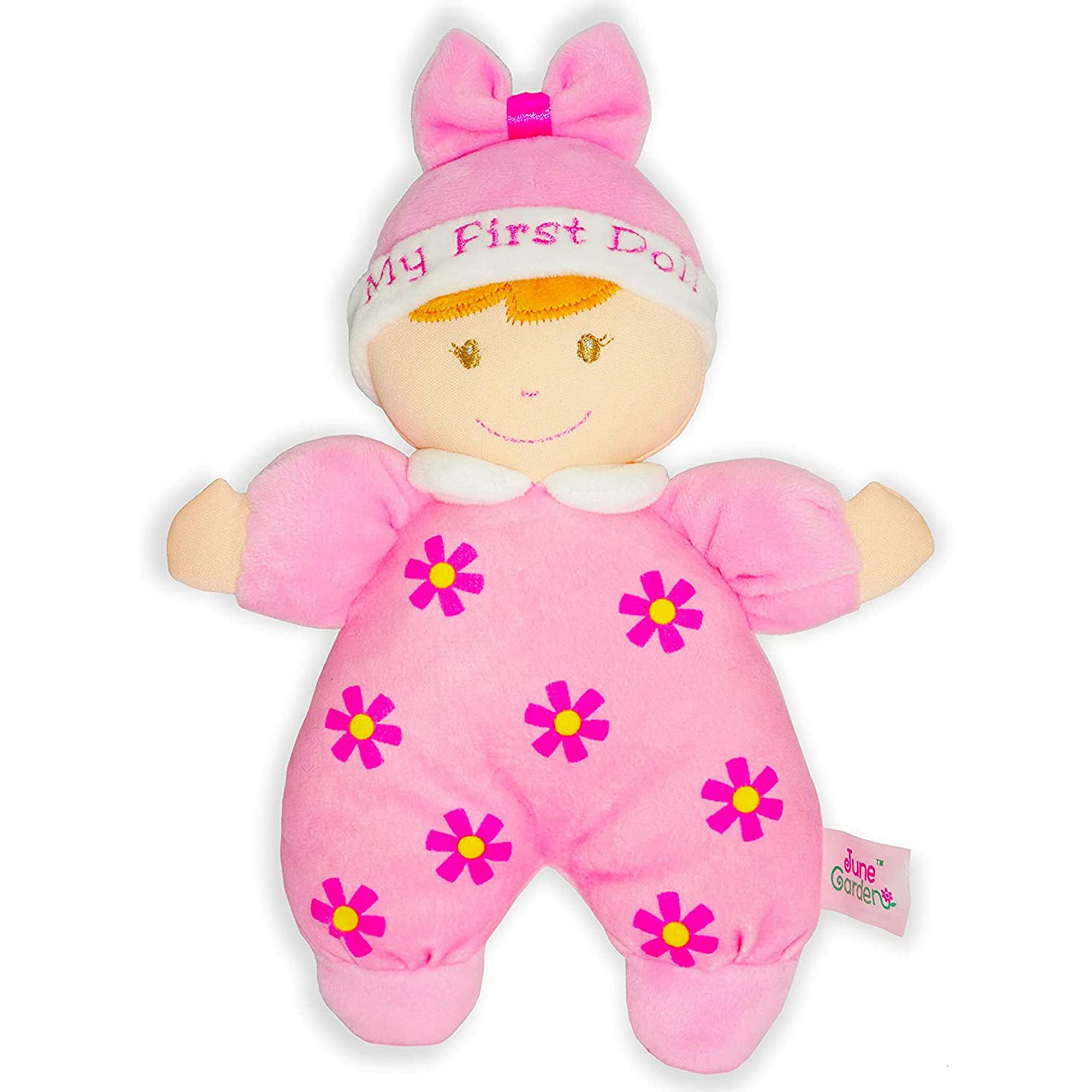 June Garden 9" My First Doll Sienna - Soft Plush Baby Doll with Rattle - Pink Outfit