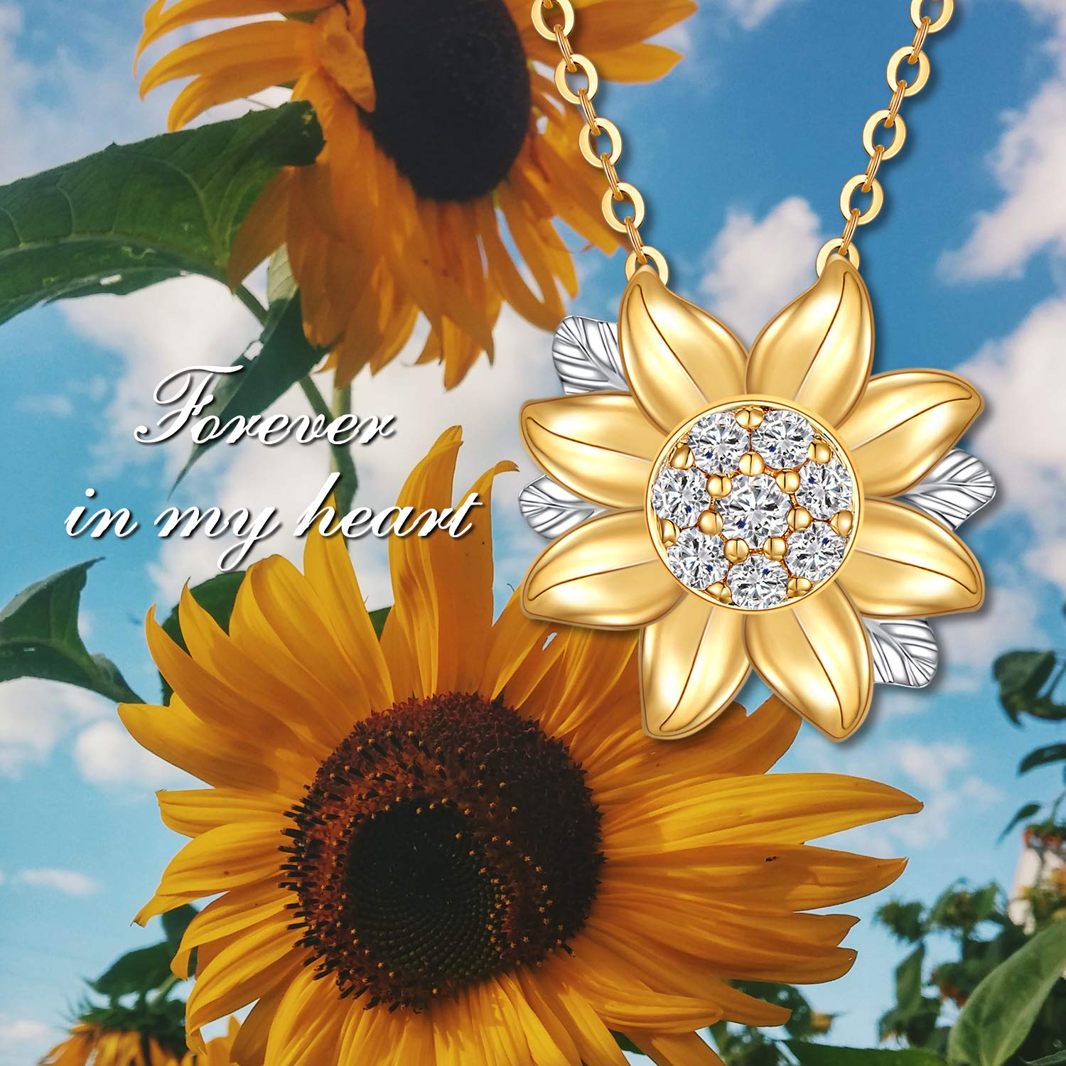 SISGEM 14K Real Gold Sunflower Necklace for Women, You Are My Sunshine Gold Moissanite Sunflower Pendant Anniversary Mother's Day Gift Jewelry for Her, Mom, Wife 16-18 inch