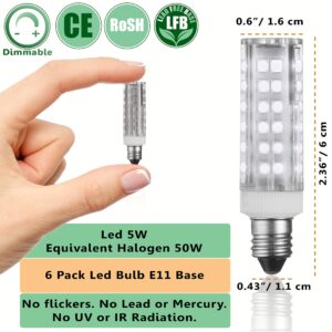 E11 LED Bulbs – 5W - 50W Halogen Replacement - Dimmable - Mini-Candelabra Base Light Bulb - Replaces T4 /T3 JDE11 – Day Light 6000K - for Ceiling Fans, Cabinet Lighting, Sconce & More- 6 Pack