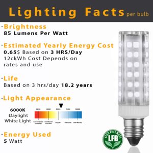 E11 LED Bulbs – 5W - 50W Halogen Replacement - Dimmable - Mini-Candelabra Base Light Bulb - Replaces T4 /T3 JDE11 – Day Light 6000K - for Ceiling Fans, Cabinet Lighting, Sconce & More- 6 Pack