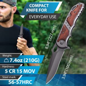 Grand Way Bundle of 2 Items - Pocket Knife - Best EDC Camping Hiking Hunting Knofe Gear Accessories for Men Wood Handle Sharp Blade Knifes - Gift for Men