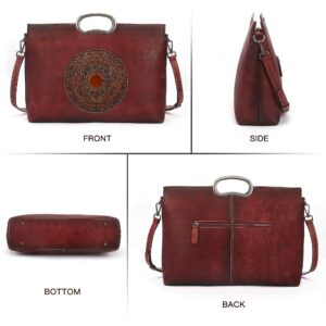 Genuine Leather Handbags for Women, Organizer Crossbody Bag Large Satchel Vintage Embossing Totem Shoulder Bag (Red)