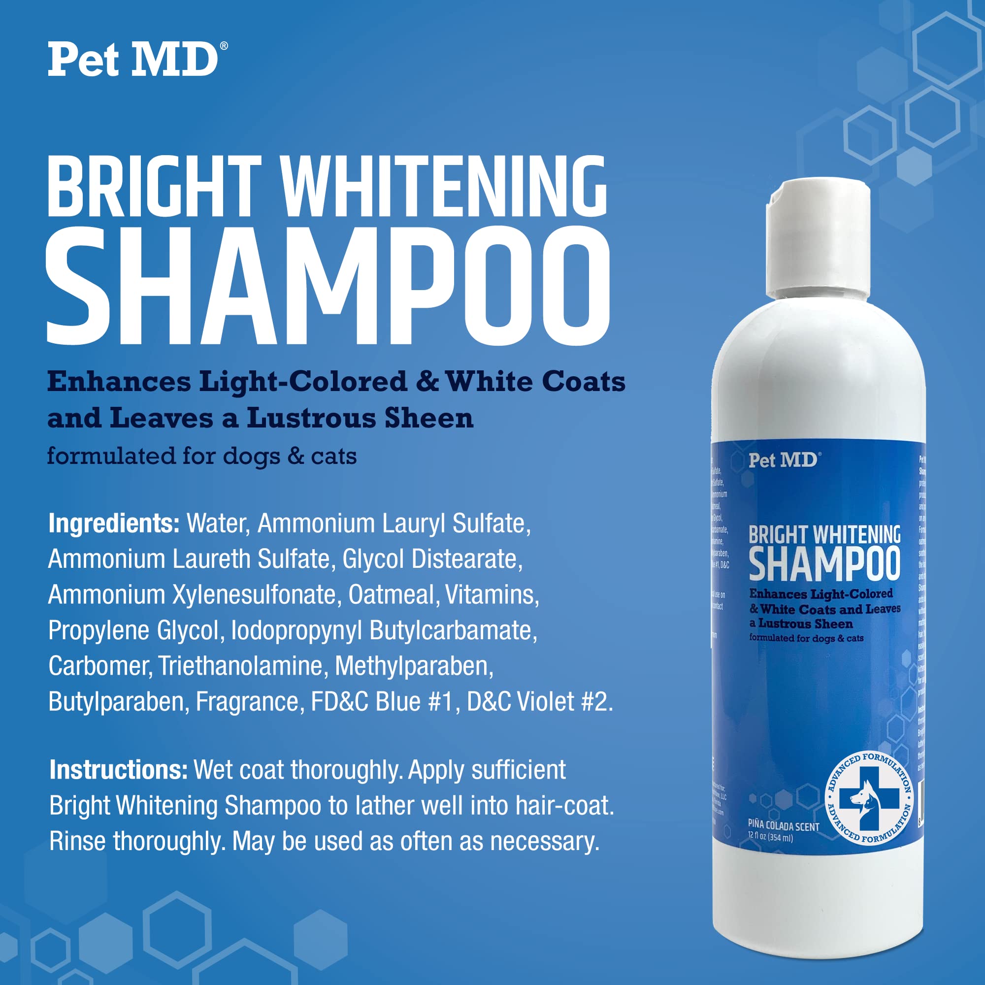 Pet MD Bright Whitening Shampoo for Dogs & Cats - Tearless Protein Enriched Shampoo w/Oatmeal for Brightening White & Light Colored Coats - Cleans, Adds Luster, & Controls Matting & Tangling - 12 oz