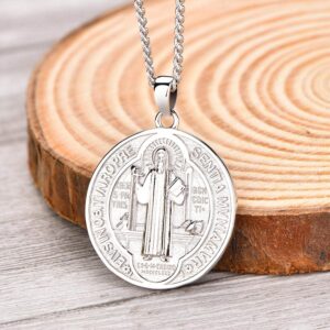 FJ Saint Benedict Necklace 925 Sterling Silver, NR Cross Protection Pendant,Round Coin Antiqued Religious Protector Talisman Pendant