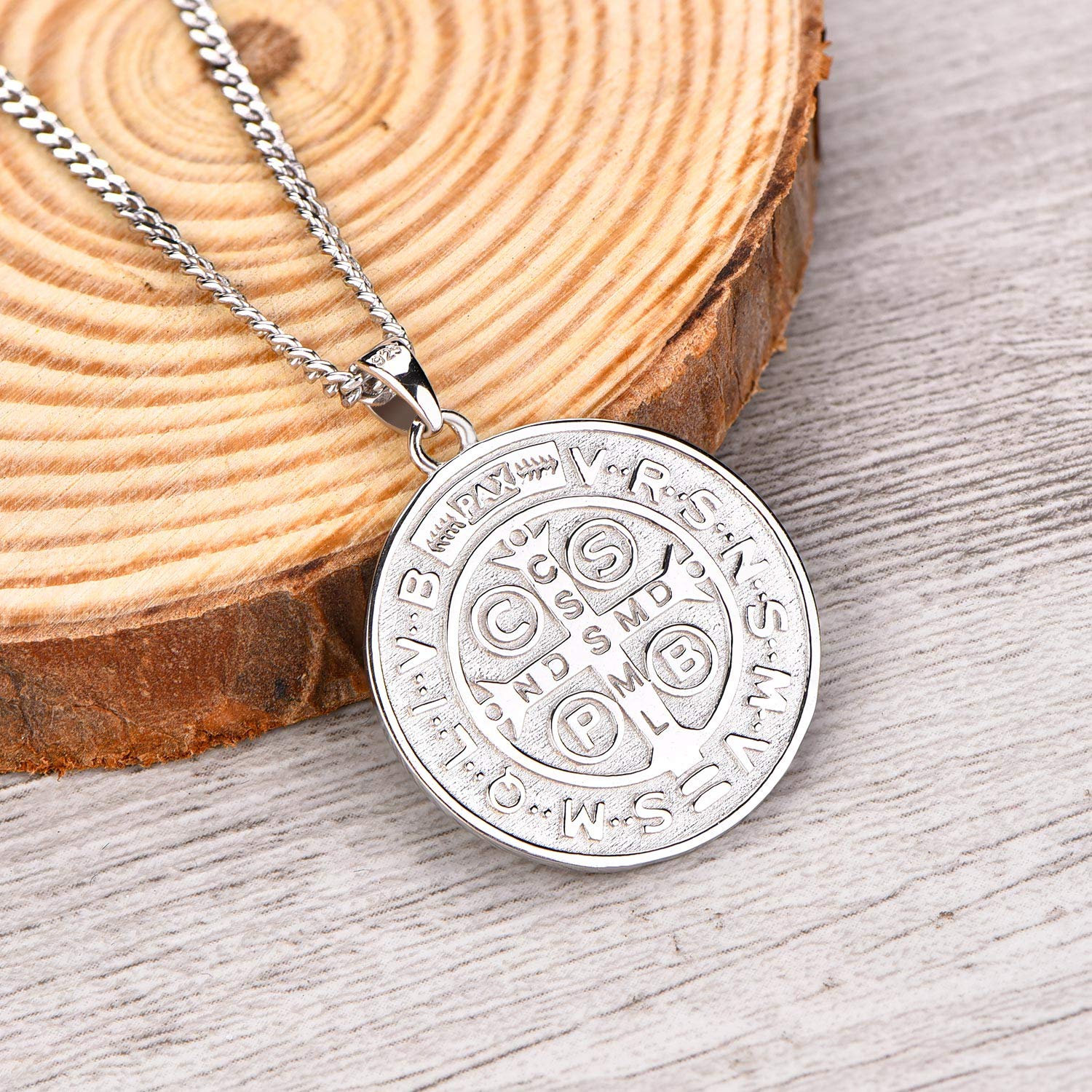 FJ Saint Benedict Necklace 925 Sterling Silver, NR Cross Protection Pendant,Round Coin Antiqued Religious Protector Talisman Pendant