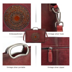 Genuine Leather Handbags for Women, Organizer Crossbody Bag Large Satchel Vintage Embossing Totem Shoulder Bag (Red)