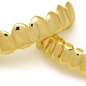 canjoyn 8 Teeth Grillz 18K Gold Top and Bottom Grills Set Shiny Hip Hop Teeth Grillz + Extra Molding Bars