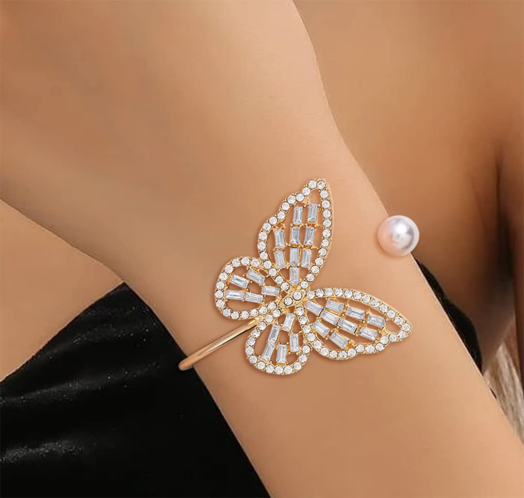 ELABEST Glitter Crystal Bracelet Rhinestone Bracelet Gold Dainty Hollow Bangle Wedding Bridal Bridesmaid Bracelet Jewelry for Women (White Butterfly)