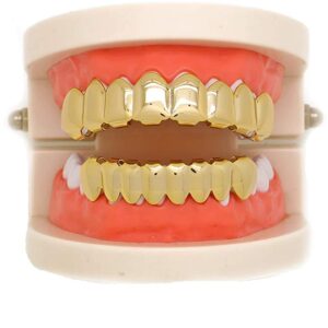 canjoyn 8 Teeth Grillz 18K Gold Top and Bottom Grills Set Shiny Hip Hop Teeth Grillz + Extra Molding Bars